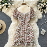2021 Summer Chiffon Floral Dress Women Sexy Short Beach Dresses French Boho Daisy Print Vacation Party Ruched