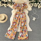 Women Off Shoulder Strap Dress Slash Neck Short Sleeve Wide Leg Jumpsuits Summer Bohemian Print Vacation Long
