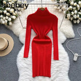 Sheath Women Dress Fashion Turtleneck Long Sleeve A Line Bodycon Dress Female Solid Streetwear Knitted