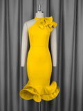 Half-High Collar Lotus Leaf-Side Dress Sided Shoulder Lotus Hem Banquet Evening Dress
