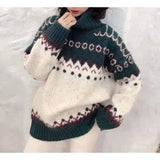 Women Knitting Sweater Christmas Ferris Wheel New Loose Thicken Warm Turtleneck Color Matching Printed
