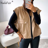 Nadafair Faux Leather Jacket Coat Women 2021 Spring Casual Pu Pockets Zipper Shrug Winter Sleeveless Jackets Coats Woman
