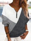 Multicolor Geometric Pattern Long-sleeve Zipper V-neck