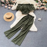 Summer Green/Black/Red Two Piece Set Women Sexy Slash Neck Short Tops + High Waist Wide Leg Pants Female Suit