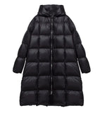 90 White Duck Velvet Long Down Jacket Female Winter New Loose Add Thick Fashion Square Pure Color Over The Knee Hooded Coat-Outfit