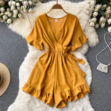 Summer New Korean Rompers Women Flared Sleeve Solid Ruffle Wide Leg Short Jumpsuits Casual Vacation Beach
