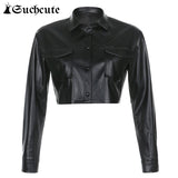 SUCHCUTE Streetwear Fashion Cropped PU Leather Jackets 90s Outfits Buttons Up Pockets Solid Basic Autumn Jacket Women's
