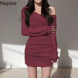 2023 Korean Mini Dress Women Sexy V Neck Sweater Fashion Elegant Bodycon Dresses Long Sleeve Pleated Robe Knit