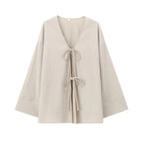 Wind Casual Set 2025 Summer Long Sleeve V-Neck Bow Tie With Loose-Fitting Shirt Broad
