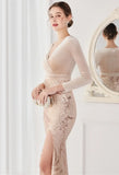 Winter Elegant Velvet With Sequins Deep V Neck Long Sleeve Slit Cocktail Eevening