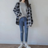 Basic Jackets Women Long Sleeve Plaid Hooded Lace-up Patchwork Womens Outwear Preppy-style Students Ulzzang Casual BF