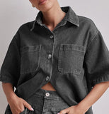 Summer Women's Casual Retro Loose Shirt Denim Shorts Set
