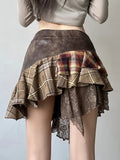 Cloth Forgets The Stray Girl Wasteland Wind Wearing A Check-And-Dress Splicing Skirt Retro V-Shaped Waist Lace