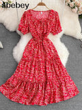 Sexy Square Collar Short Sleeve Women Midi Dress Beach Vacation Party Robe Female Elegant High Waist