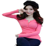 Toloer 2024 Buttons And Thread Solid Color Long Sleeve T-Shirt Women's Slim Korean New Top Bottom Shirt Outside The