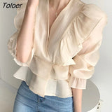 Vintage Chiffon Blouse Women 2023 New Puff Sleeve Ruffles V-neck Shirt Women Silm Casual Womens Blouses Tops Mujer