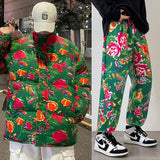 Northeast Big Flower Coat Suit Male Winter Lovers Large Size Cotton-Padded Clothes Pants China-Fashion Retro Coat Peony Flower Net Red Cotton Clothes-Outfit