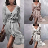New Women's Dress Long-Sleeved V-Collar Button-Up Solid Color Sexy Loose Large Dress-Outfit