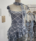 Shooting Retro Tie-Dye-Print Mesh Sling Sling Sling Vest Irregular Lotus Leaf Edge Ribbon Sleeveless Top