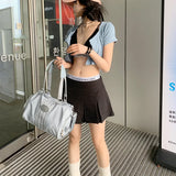 Girls Black Fake Two Spliced Half-Body Skirt High-Waisted Stripe Short Skirt Short Skirt 100-Fold