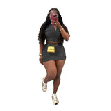 Toloer New Women's Casual Wash Patchwork Cardigan Short Skirt Suit-Outfit