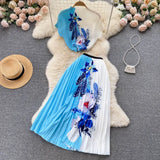 Vacation Beach 2pcs Set Women Floral Printed Short Sleeve Tops And High Waist Pleated Long Skirt Suit Spring