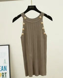 Women Soild Button Hollow Out Thin Knitted Tank Tops Female Girls Double Breasted Knit Sleeveless Sweater