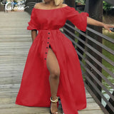 Off Shoulder Maxi Dress Celmia Women Lantern Sleeve Casual Loose Split Sundress Summer Buttons Party
