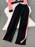 Winter Women Knitted Two Piece Sets Long Sleeve Knit Cardigan Sweater & Elastic Waist Wide Leg Pants Female Sweater
