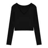 Toloer Women's Short Slim Long Sleeve With Bottom Shirt Autumn 2024 New Sexy V-Neck Collarbone Student Top