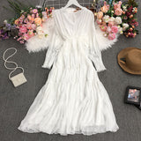 Holiday Dress Autumn Dress 2023 New Goddess Temperament V-Collar Rope-Drawn Waist Dress-Outfit