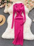 Women Korean Knitted Dress Long Sleeve V Neck Elastic Slim Pencil Dresses 2022 Autumn Sexy Bodycon Split Sweater
