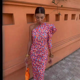 Summer Women's Dress French Retro Print Oblique Shoulder Design Body-Body-Suited And Hip Dress Skirt Fashion