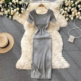 Women Slim Knitted Dress Square Collar Short Sleeve Elastic Bodycon Dresses 2022 Summer Streetwear Sexy Split