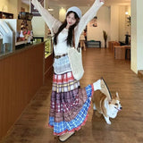 Boho Plaid Patchwork Long Skirt-Outfit