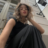 Black Mesh Spliced Design Short Sleeve Maxi Dress-Outfit