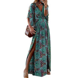 Toloer 2023 New Fashion V-Neck Short-Sleeved Loose Bohemian Side Slit Dress Print Dress-Outfit