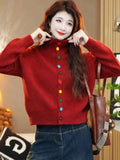Toloer Goods Color Single Row Buckle Long-Sleeved Top Women Soft Glutinous Comfortable Warm Autumn And Winter Thin Thick Sweater