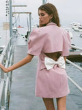 Puff Sleeve Large Collar Back Bow Blazer Mini Dress-Outfit