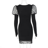 Black Lace Puff Long Sleeve Mini Dress-Outfit