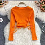 Women Fashion Korean Blouse Design Hollow Waist Long Sleeve O Neck Slim Tops Autumn Chic Streetwear Short Blouses