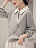 Toloer Gray Fake Two Knitted Sweater Women's Autumn And Winter Korean Atmosphere Relaxed Leisure Polo Collar