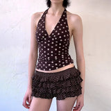 Summer Women's New Hottie Sexy Black Wave Dot Print Spread Out Back V Collar Hanging Neck Tight