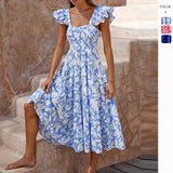 Summer Women's Flower Printed Bohemia Dress Short Sleeves Collared