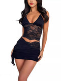 New Sexy Perspective Sling Vest Hollow Lace Splicing Bag Hips Short Skirt Women's