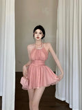 Sexy Dresses Women Sleeveless Halter Sweet Mesh Summer Backless Party Dress Bandage Elegant Female Fashion-Outfit