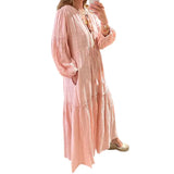 Toloer Spot 2024 Autumn New Women's Fashion V-Neck Bubble Sleeve Bohemian Cotton Linen Dress-Outfit