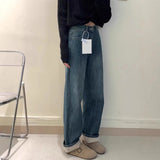 Blue Plus Velvet Jeans Children New Spring And Autumn High-Rise Thin Small Narrow Version Of Straight Broad Leg Pants