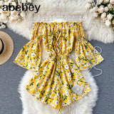 Boho style off shoulder sexy floral print Jumpsuit lace up Women Short Summer high waist Playsuit flare sleeve Beach