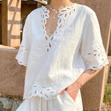 And Summer New French Embroidered White Cotton Set Women's Short-Sleeved Holiday Shorts Set Women's